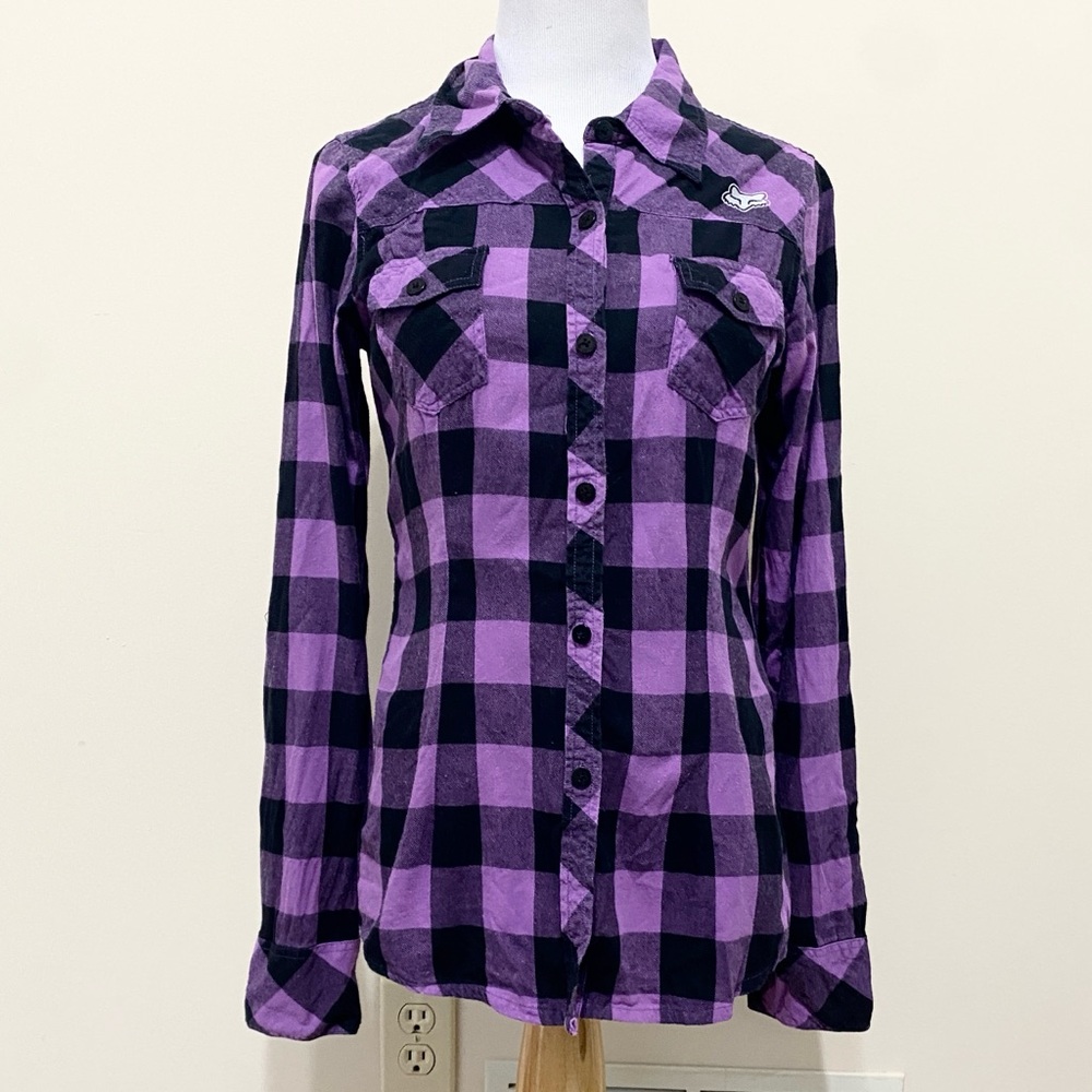 Fox Girls Racing Y2K Purple Black Plaid Button Down Long Sleeve Shirt Alt Goth